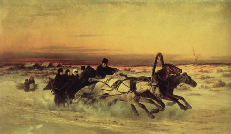 unknow artist Oil undated a Wintertroika in the gallop in sunset